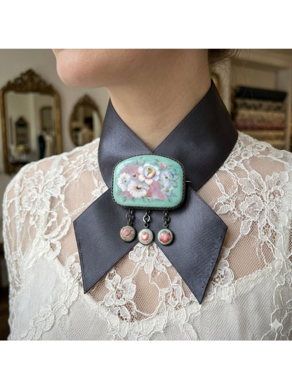 Vintage Russian Finift Enamel Floral Articulated Brooch Folk Art Romantic Gift